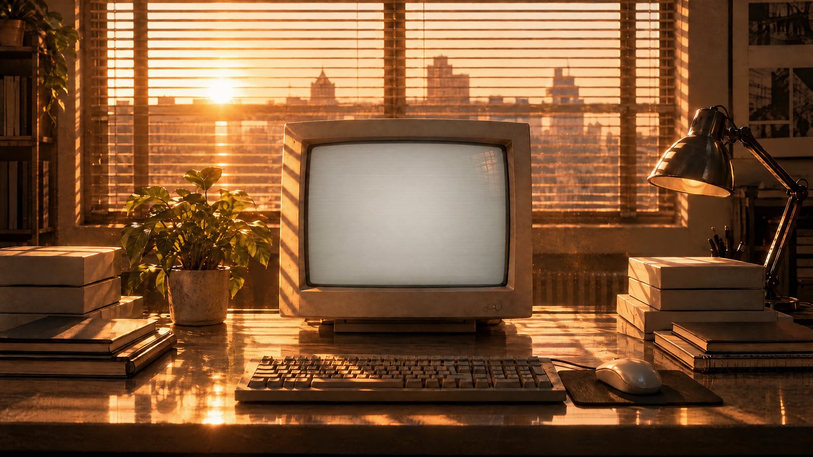 A cream CRT computer on a desk at golden hour, sunlight through venetian blinds.